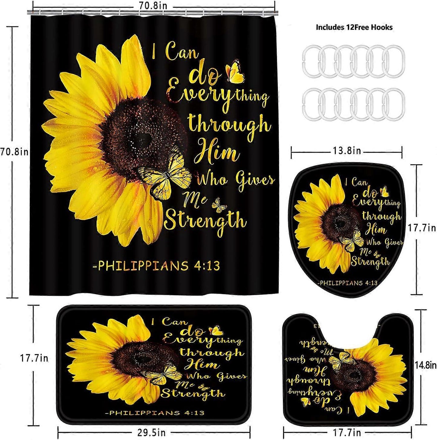 Set Pentru Baie Premium cu 4 Piese: Perdea, Covorase Si Husa De Toaleta - Sunflower