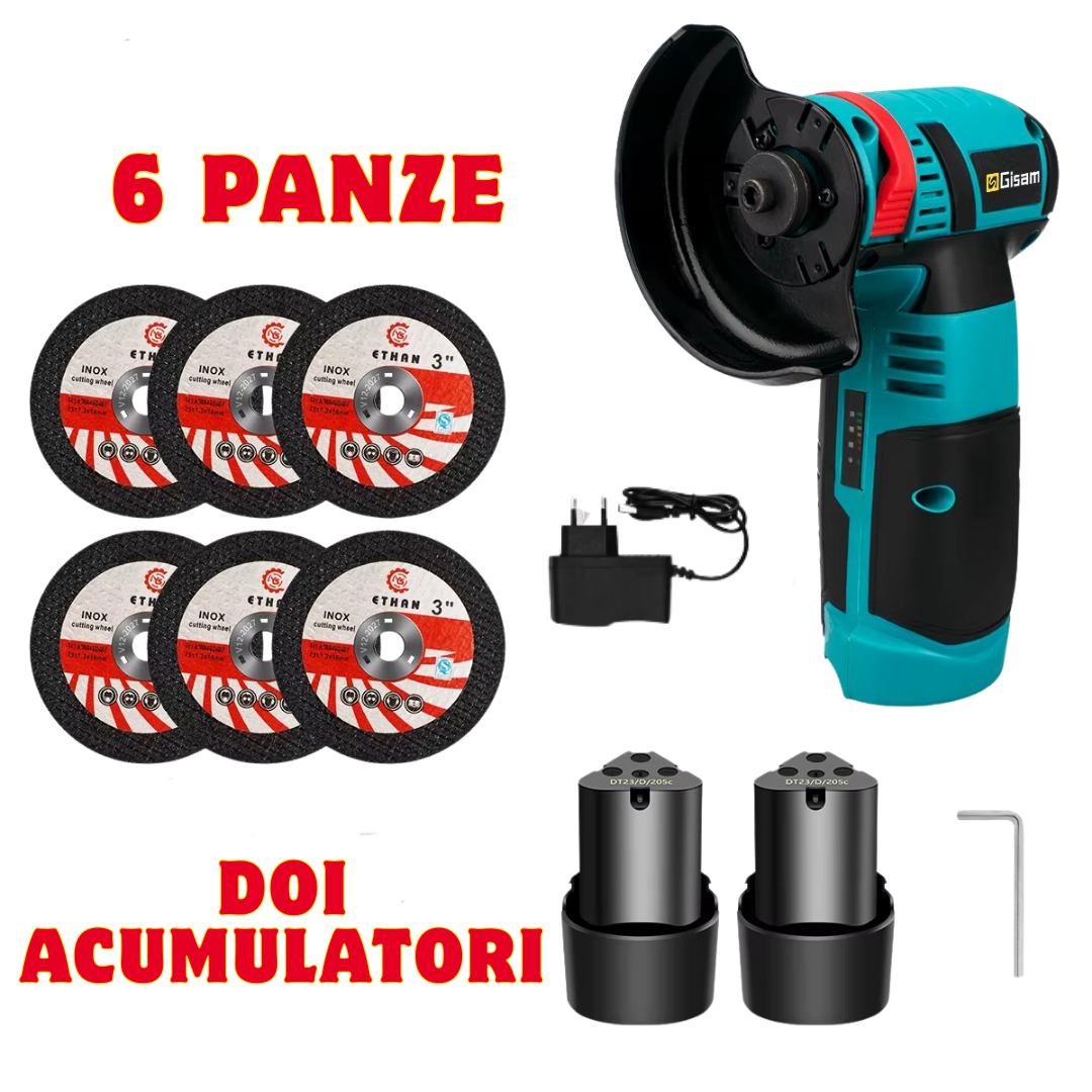 Mini Polizor GrinderPro 500W cu 2 Acumulatori 48V si 6 Discuri Incluse, Portabil si Puternic pentru Taiat Metal si Lemn