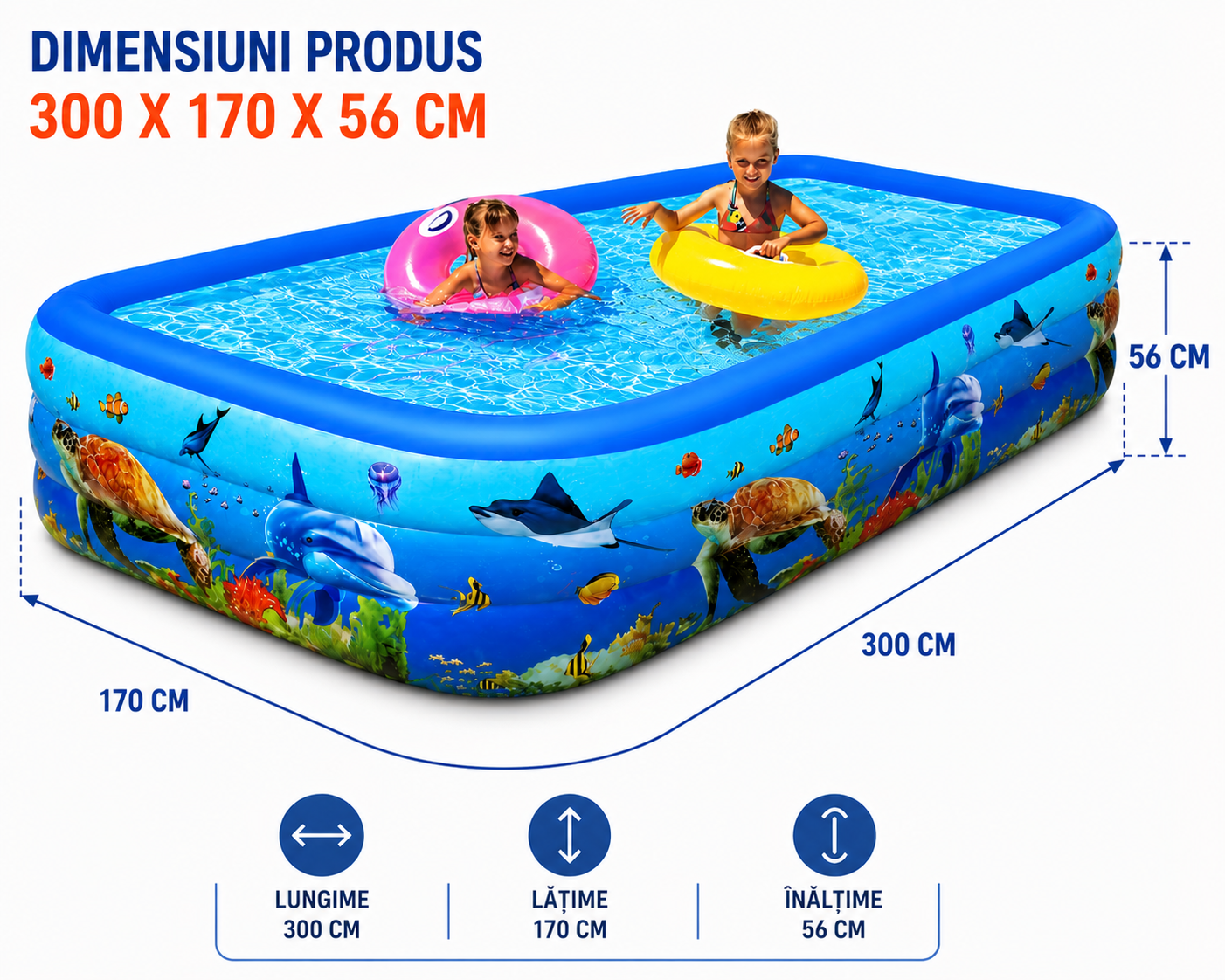Piscina Gonflabila pentru Copii 300 x 170 x 56 cm, 3 Inele Rezistente, Model Oceanic, Forma Dreptunghiulara