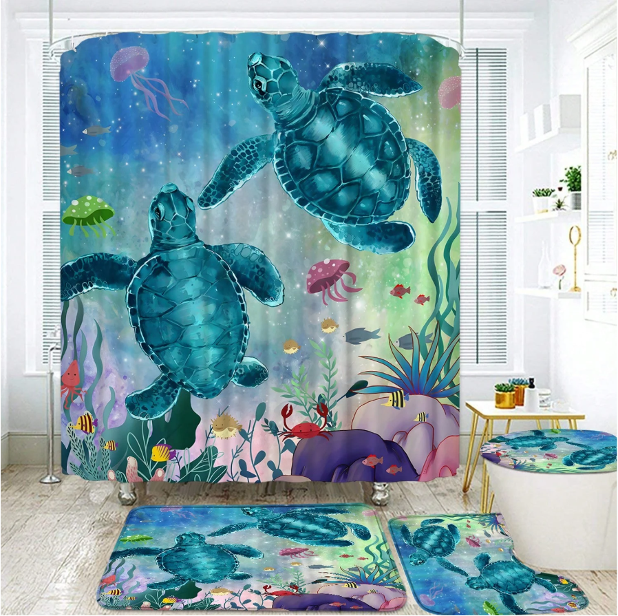 Set Pentru Baie Premium cu 4 Piese: Perdea, Covorase Si Husa De Toaleta - Two Turtles