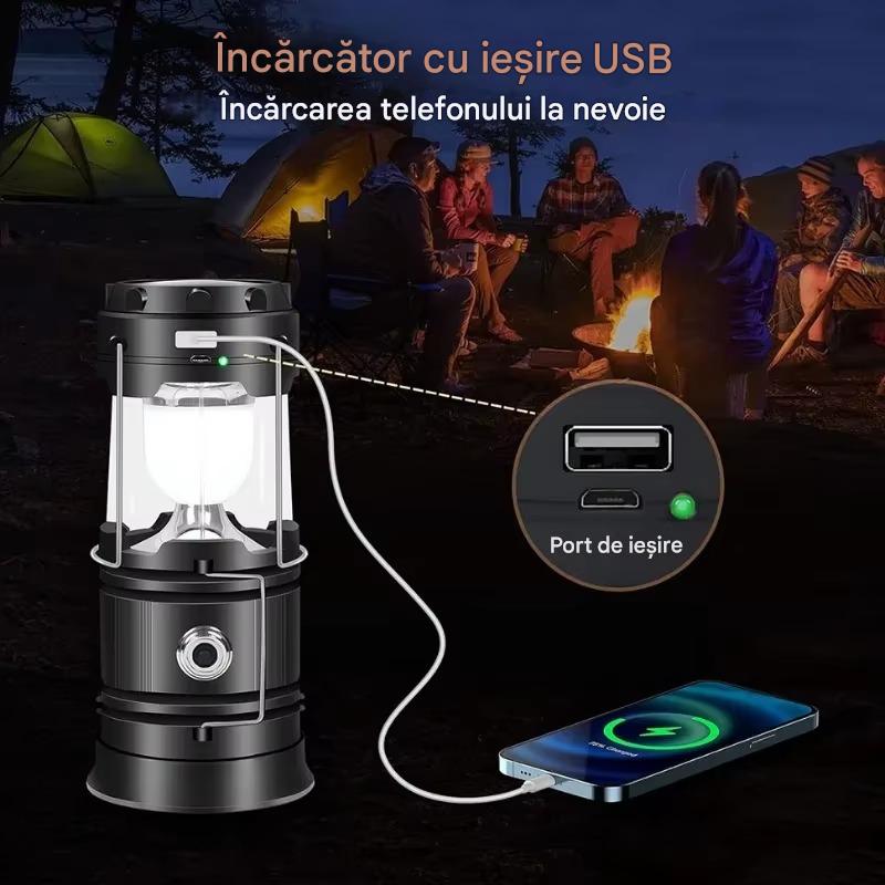 Felinar Camping Multifunctional cu Panou Solar, USB, Lanterna si Power Bank pentru Exterior si Urgente