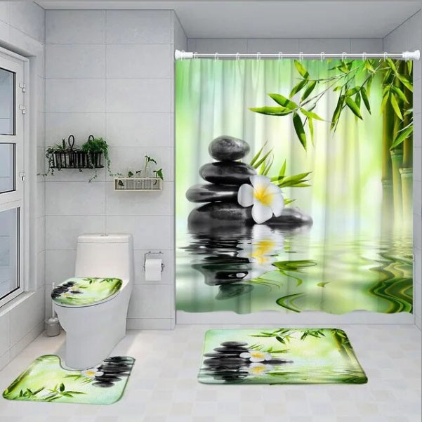 Set Pentru Baie Premium cu 4 Piese: Perdea, Covorase Si Husa De Toaleta - Zen Relax
