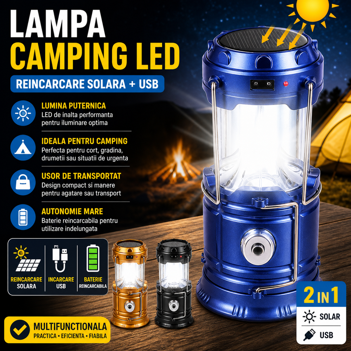 Felinar Camping Multifunctional  cu Panou Solar, USB, Lanterna si Power Bank pentru Exterior si Urgente