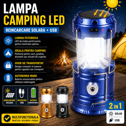 Felinar Camping Multifunctional  cu Panou Solar, USB, Lanterna si Power Bank pentru Exterior si Urgente