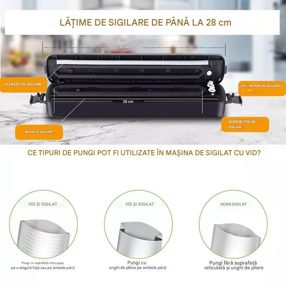 Aparat de Vidat Vacuum Sealer, Sigilare Automata, Putere 90W + 2 Role de Pungi