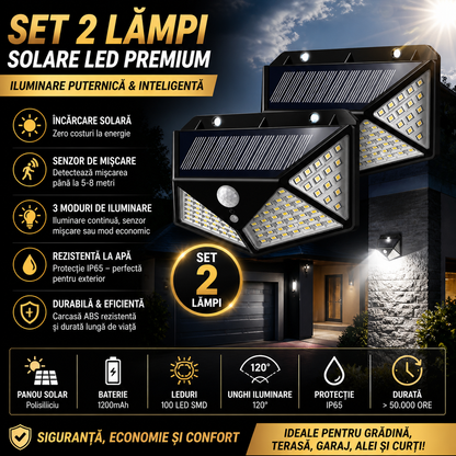 Set 2 x Lampa Solara cu Senzor de Miscare, 100 LED, Iluminare 3 Laturi, IP65 pentru Exterior