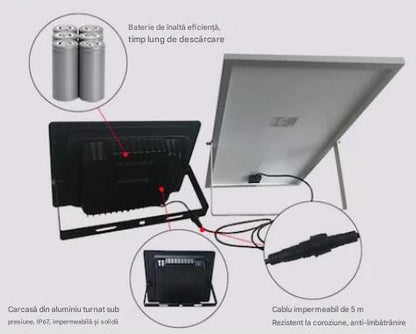 Proiector Solar 100W cu Panou Fotovoltaic si Telecomanda – Lampa LED Exterior IP65, Iluminat Curte, Gradina, Parcare