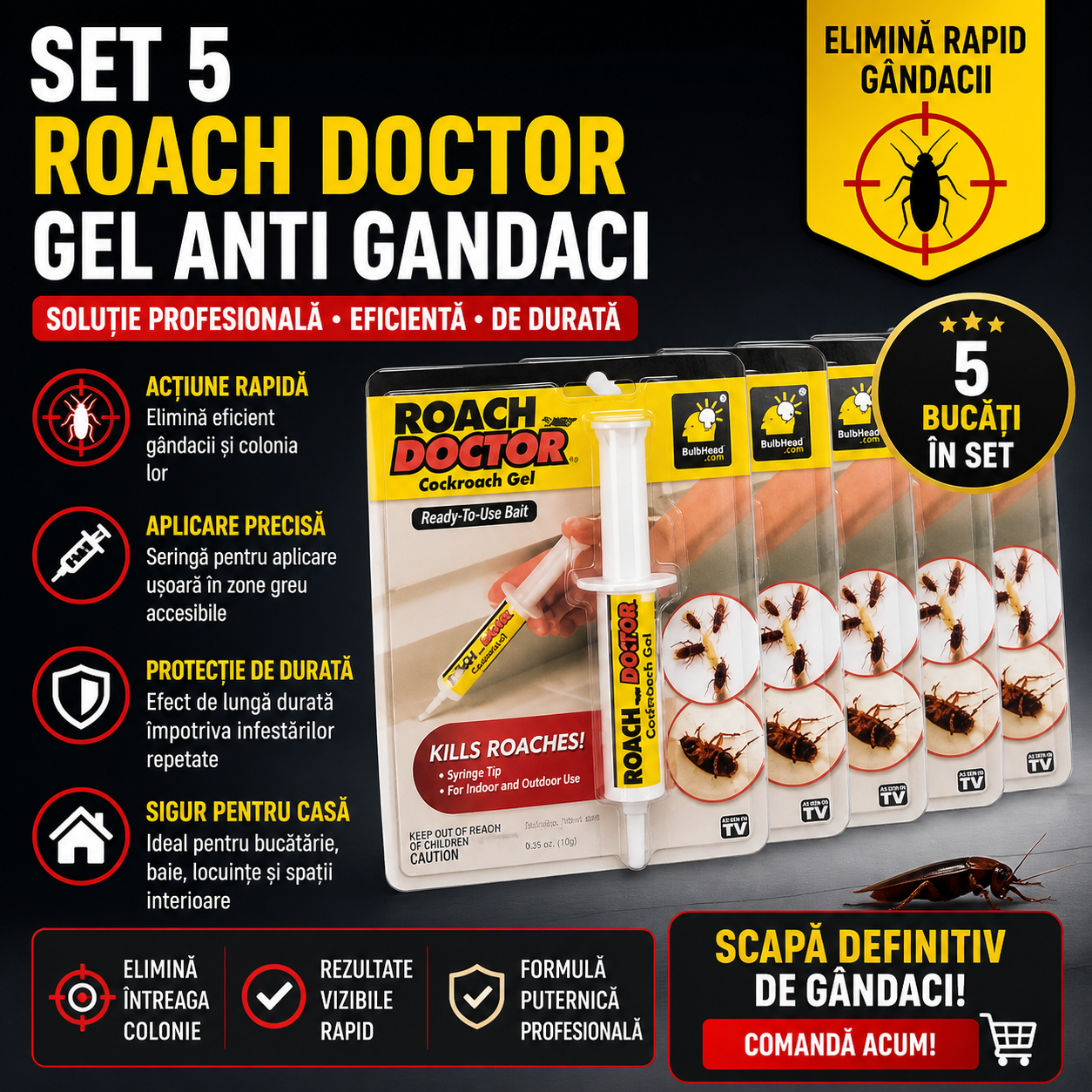 Set 5 x Gel Anti Gandaci Roach Doctor, Seringa Profesionala, Eliminare Rapida Gandaci de Bucatarie, Eficient si Usor de Aplica