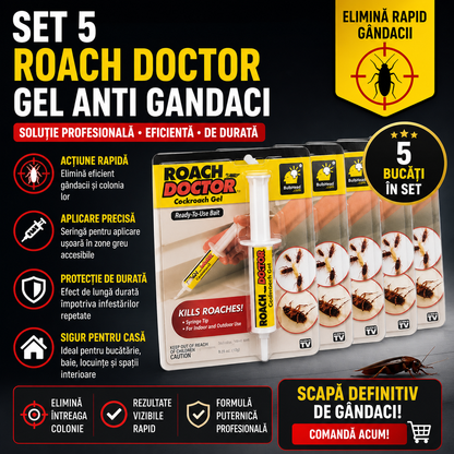 Set 5 x Gel Anti Gandaci Roach Doctor, Seringa Profesionala, Eliminare Rapida Gandaci de Bucatarie, Eficient si Usor de Aplica