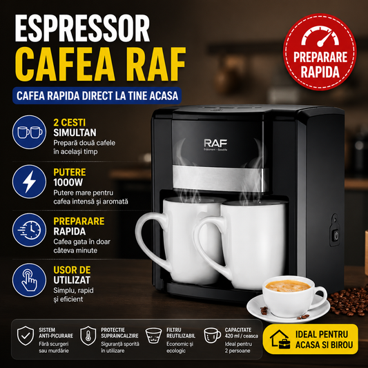 Espressor Cafea RAF 1000W cu 2 Cani,  Filtru Reutilizabil, Sistem Anti-Picurare, Protectie Supraincalzire, Preparare Rapida Cafea Macinata