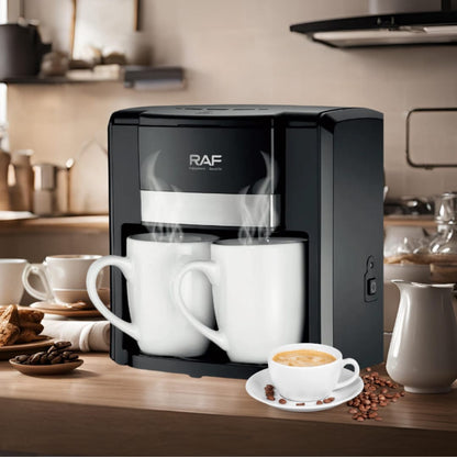 Espressor Cafea RAF 1000W cu 2 Cani,  Filtru Reutilizabil, Sistem Anti-Picurare, Protectie Supraincalzire, Preparare Rapida Cafea Macinata
