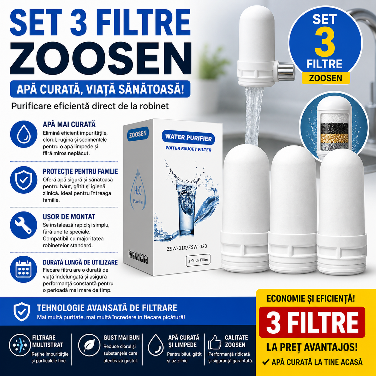 Set 3 x Filtre Apa Robinet Zoosen, Cartus Purificator Apa, Eliminare Impuritati, Apa Curata si Sigura pentru Consumul Zilnic
