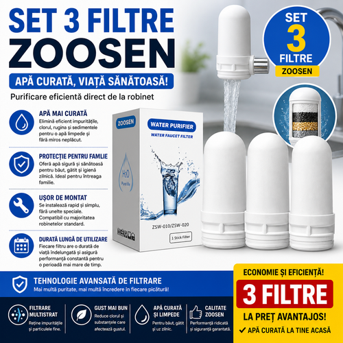Set 3 x Filtre Apa Robinet Zoosen, Cartus Purificator Apa, Eliminare Impuritati, Apa Curata si Sigura pentru Consumul Zilnic