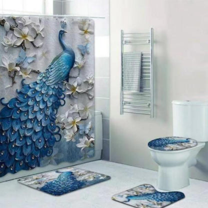 Set Pentru Baie Premium cu 4 Piese: Perdea, Covorase Si Husa De Toaleta - Peacock