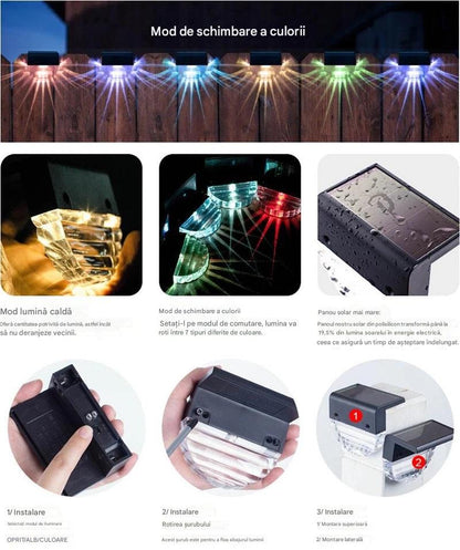 Set 2 x Lampa Solara RGB pentru Gard si Perete – Iluminare Multicolora Exterior, Rezistente la Apa, Montaj Fara Cablu