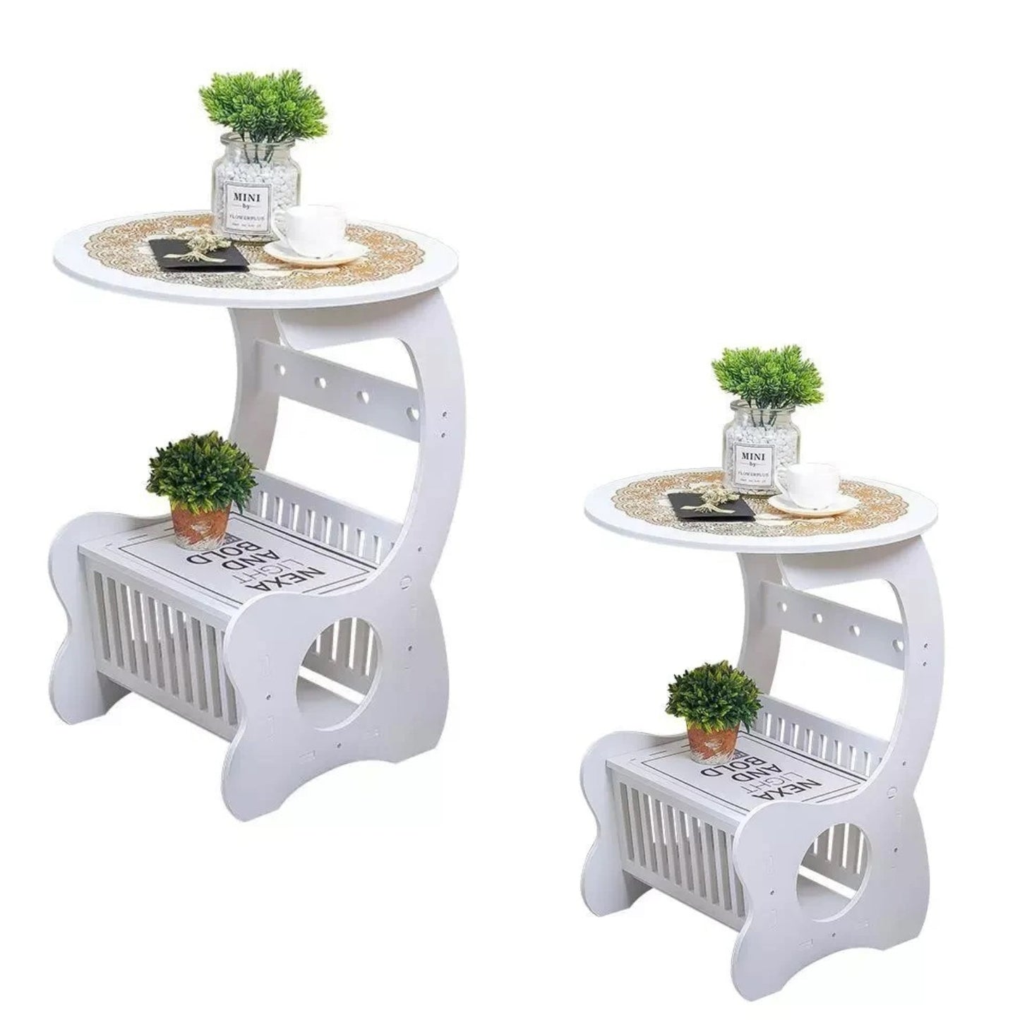 Set 2 x Masuta Rotunda Alba, cu Spatiu Depozitare, Design Modern, din PVC, Ideala pentru Living, Dormitor sau Balcon