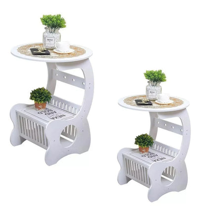 Set 2 x Masuta Rotunda Alba, cu Spatiu Depozitare, Design Modern, din PVC, Ideala pentru Living, Dormitor sau Balcon