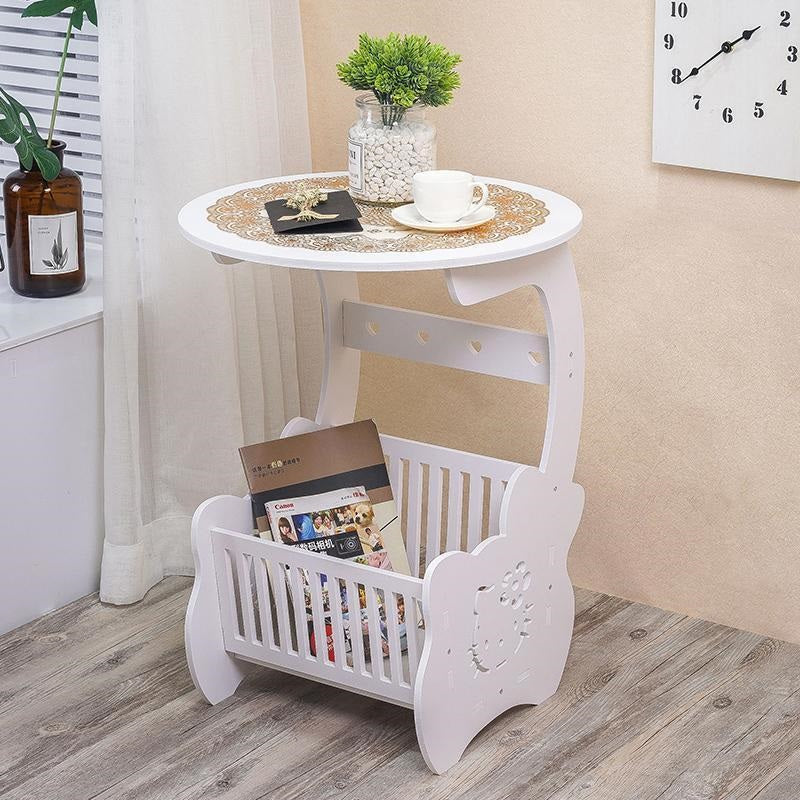 Set 2 x Masuta Rotunda Alba, cu Spatiu Depozitare, Design Modern, din PVC, Ideala pentru Living, Dormitor sau Balcon