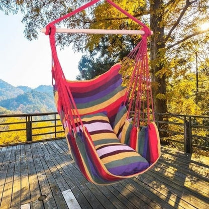 Set 2 x Hamac Gradina – Hamac Tip Scaun cu Bara din Lemn + Hamac Colorat cu Bare din Lemn, Ideal pentru Terasa si Relaxare Exterior