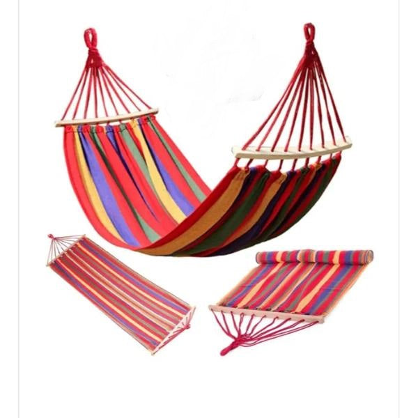 Set 2 x Hamac Gradina – Hamac Tip Scaun cu Bara din Lemn + Hamac Colorat cu Bare din Lemn, Ideal pentru Terasa si Relaxare Exterior