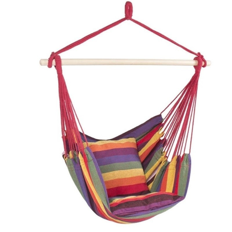Set 2 x Hamac Gradina – Hamac Tip Scaun cu Bara din Lemn + Hamac Colorat cu Bare din Lemn, Ideal pentru Terasa si Relaxare Exterior