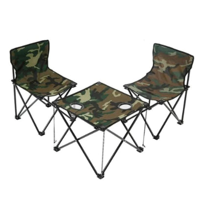 Set Camping Pliabil 3 Piese – 2 Scaune si Masuta Camuflaj cu Geanta Transport, Ideal pentru Pescuit si Drumetii