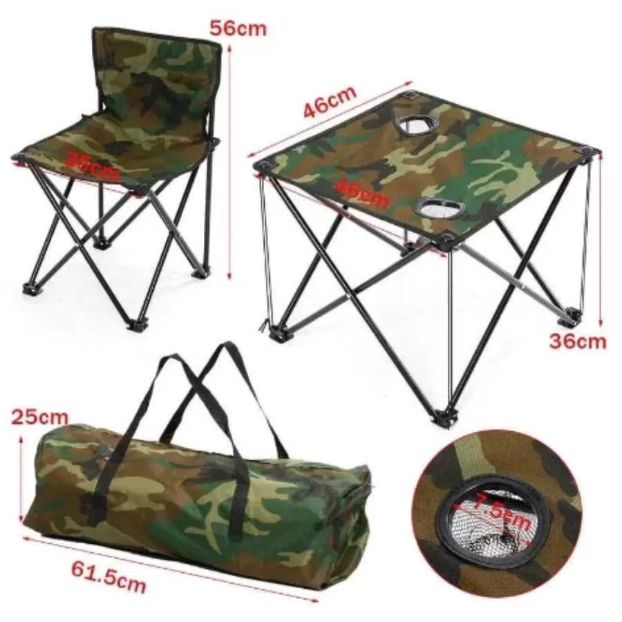 Set Camping Pliabil 3 Piese – 2 Scaune si Masuta Camuflaj cu Geanta Transport, Ideal pentru Pescuit si Drumetii