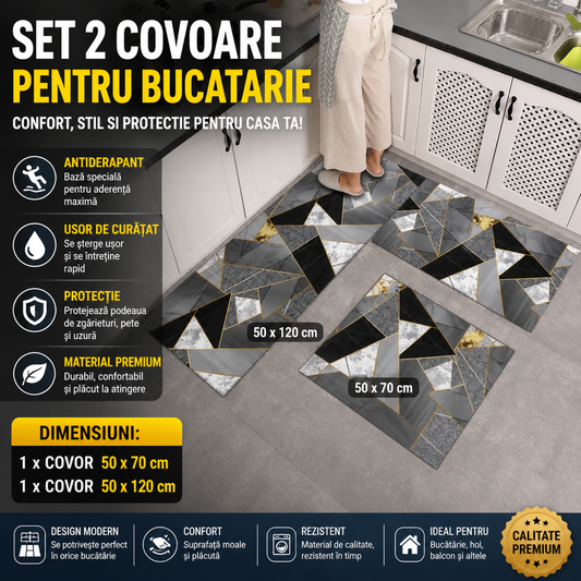Set 2 x Covor pentru Bucatarie Model Kobe, Rezistent, Usor de Curatat, Design Modern