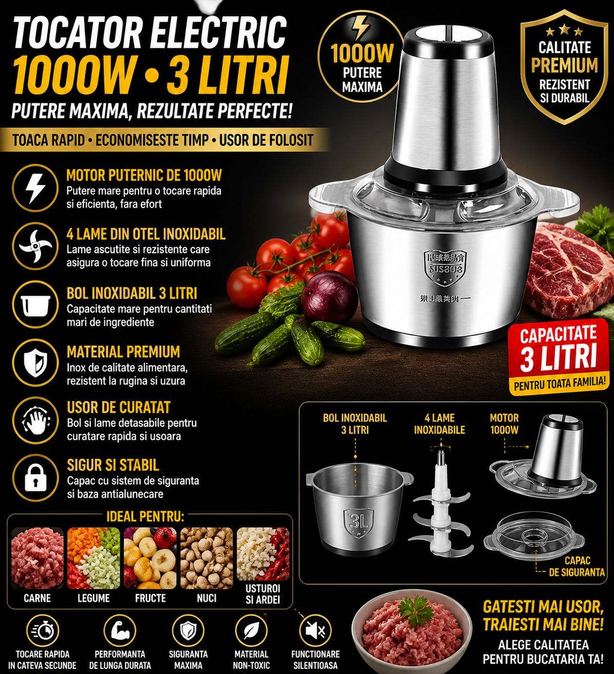 Tocator Electric Inox Multifunctional 3L, 1000W, 4 Lame din Otel Inoxidabil, Robot Bucatarie pentru Carne si Legume