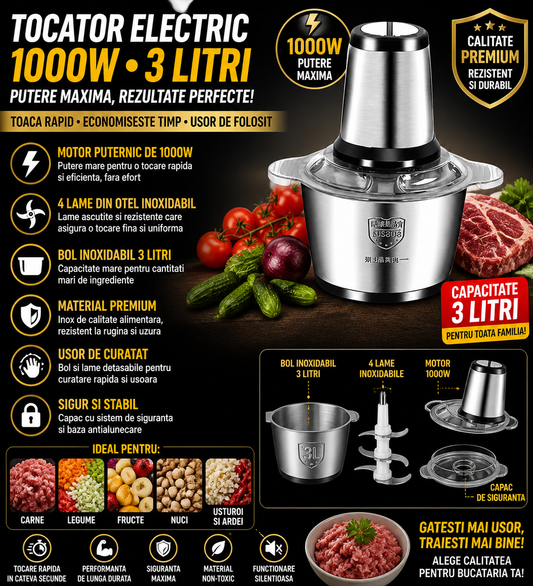 Tocator Electric Inox Multifunctional 3L, 1000W, 4 Lame din Otel Inoxidabil, Robot Bucatarie pentru Carne si Legume