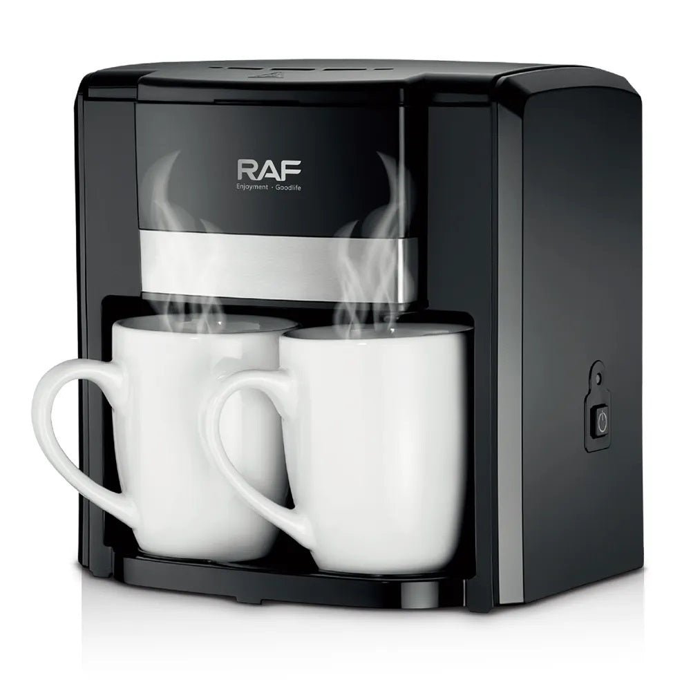 Espressor Cafea RAF 1000W cu 2 Cani,  Filtru Reutilizabil, Sistem Anti-Picurare, Protectie Supraincalzire, Preparare Rapida Cafea Macinata