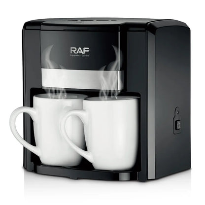 Espressor Cafea RAF 1000W cu 2 Cani,  Filtru Reutilizabil, Sistem Anti-Picurare, Protectie Supraincalzire, Preparare Rapida Cafea Macinata