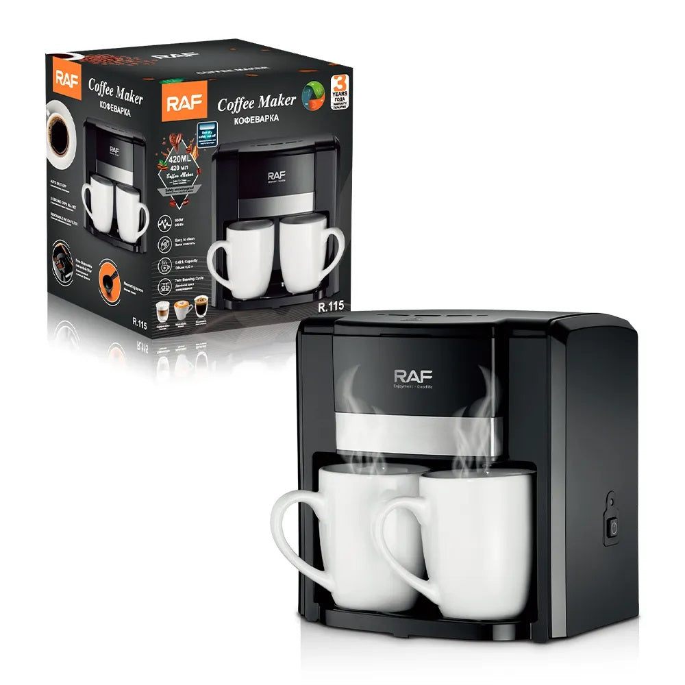 Espressor Cafea RAF 1000W cu 2 Cani,  Filtru Reutilizabil, Sistem Anti-Picurare, Protectie Supraincalzire, Preparare Rapida Cafea Macinata