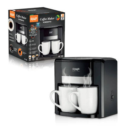 Espressor Cafea RAF 1000W cu 2 Cani,  Filtru Reutilizabil, Sistem Anti-Picurare, Protectie Supraincalzire, Preparare Rapida Cafea Macinata