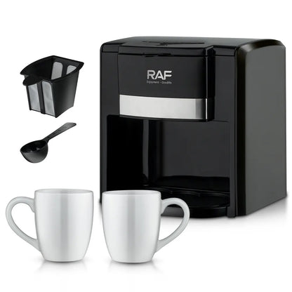 Espressor Cafea RAF 1000W cu 2 Cani,  Filtru Reutilizabil, Sistem Anti-Picurare, Protectie Supraincalzire, Preparare Rapida Cafea Macinata