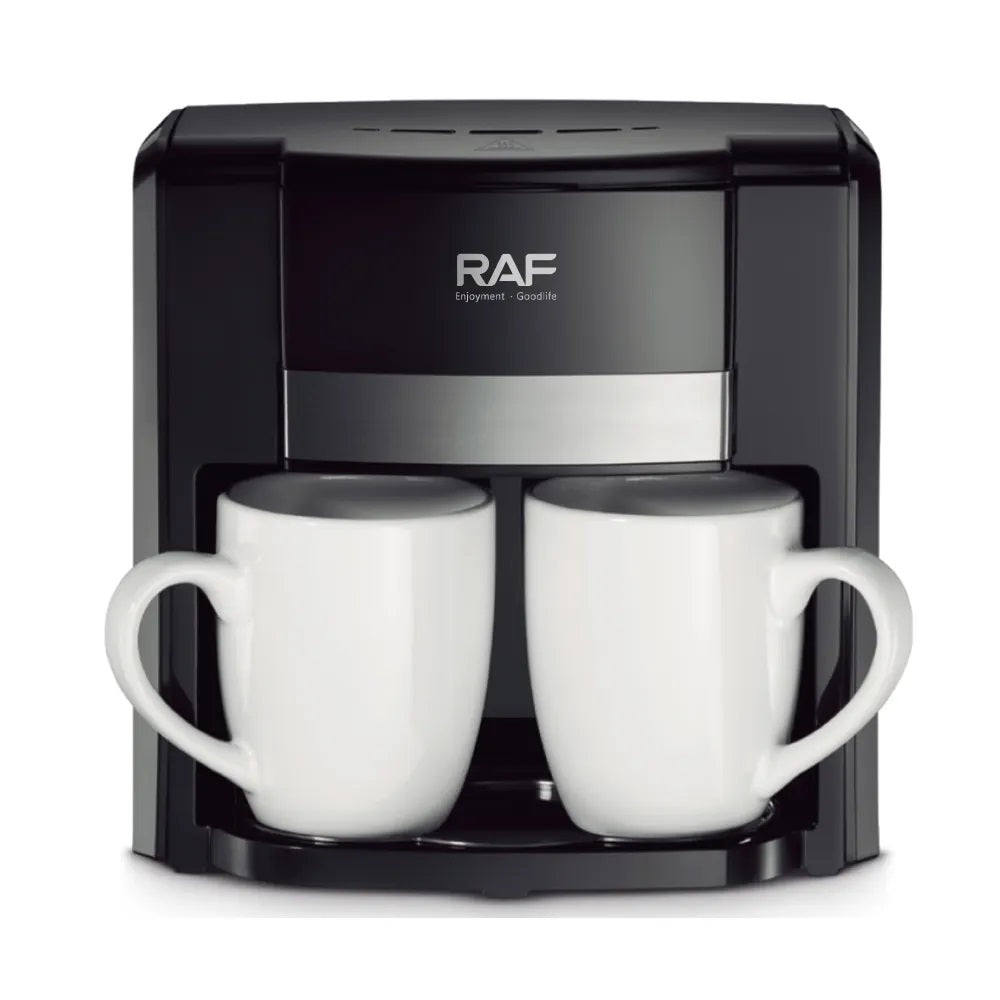 Espressor Cafea RAF 1000W cu 2 Cani,  Filtru Reutilizabil, Sistem Anti-Picurare, Protectie Supraincalzire, Preparare Rapida Cafea Macinata