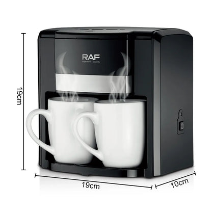 Espressor Cafea RAF 1000W cu 2 Cani,  Filtru Reutilizabil, Sistem Anti-Picurare, Protectie Supraincalzire, Preparare Rapida Cafea Macinata