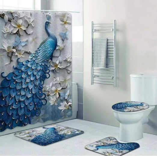 Set Pentru Baie Premium cu 4 Piese: Perdea, Covorase Si Husa De Toaleta - Peacock