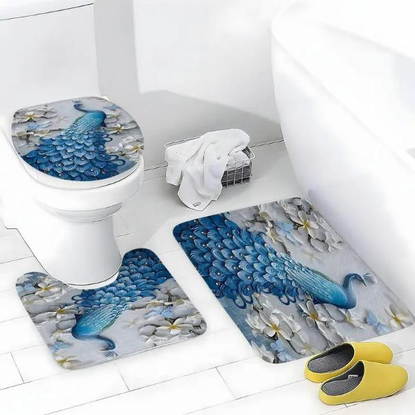 Set Pentru Baie Premium cu 4 Piese: Perdea, Covorase Si Husa De Toaleta - Peacock
