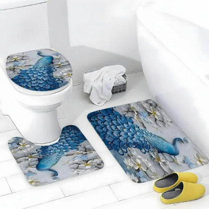 Set Pentru Baie Premium cu 4 Piese: Perdea, Covorase Si Husa De Toaleta - Peacock
