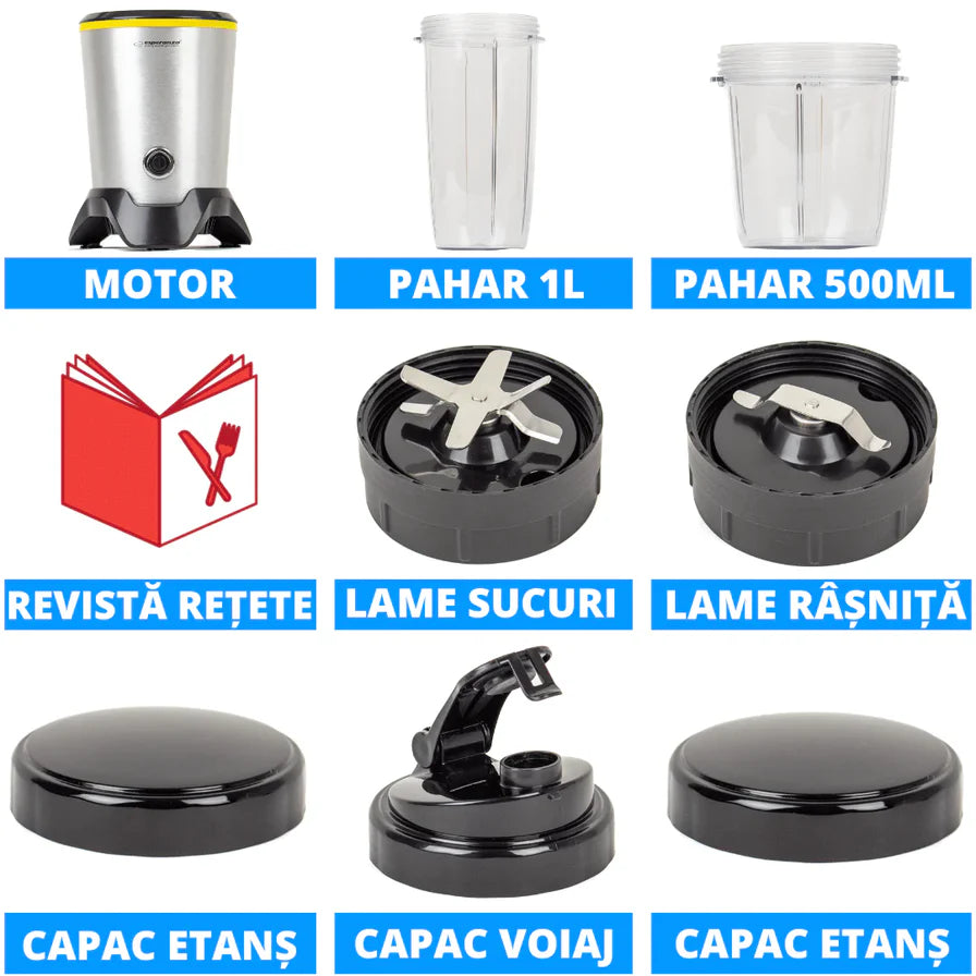 Blender Smoothie Multifunctional 1000W, Set Complet cu Pahar 1L si 500ml, Lame din Otel Inoxidabil, Ideal pentru Smoothie, Sucuri si Rasnire