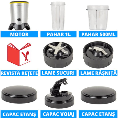 Blender Smoothie Multifunctional 1000W, Set Complet cu Pahar 1L si 500ml, Lame din Otel Inoxidabil, Ideal pentru Smoothie, Sucuri si Rasnire