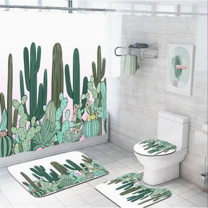 Set Pentru Baie Premium cu 4 Piese: Perdea, Covorase Si Husa De Toaleta - Cactus Plant