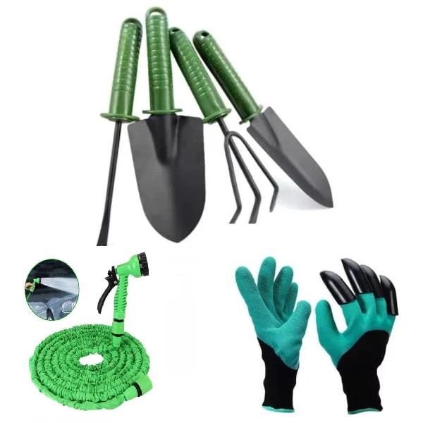 Kit Intretinere Gradina – 4 x Unelte Sapat, Furtun Extensibil 30M cu Accesoriu de Stropit si Manusi cu Gheare