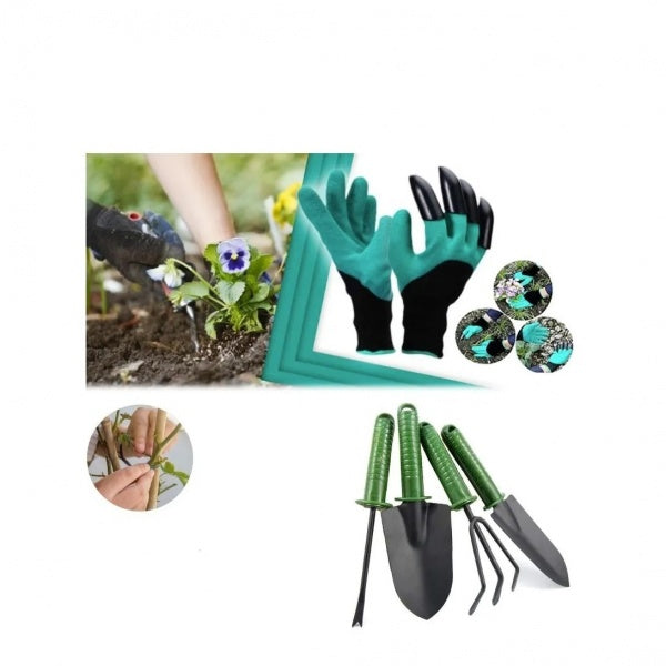 Kit Intretinere Gradina – 4 x Unelte Sapat, Furtun Extensibil 30M cu Accesoriu de Stropit si Manusi cu Gheare
