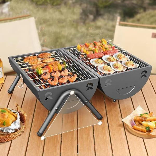 Gratar Portabil Multifunctional cu Suprafata Dubla din Otel Inoxidabil si Suport Triunghiular Stabil – Ideal pentru Camping și Gratare în Aer Liber