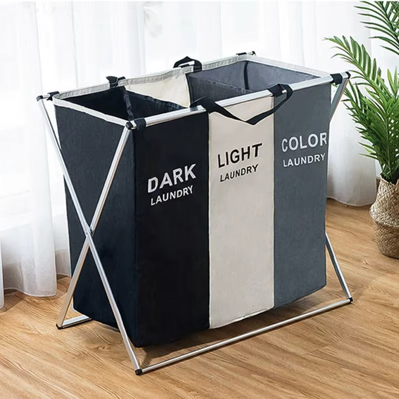 Cos Rufe Pliabil 3 Compartimente, Organizator Laundry Dark/Light/Color, Cadru Metalic Stabil, 95L