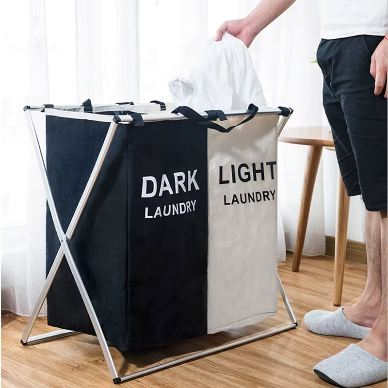 Cos Rufe Pliabil 3 Compartimente, Organizator Laundry Dark/Light/Color, Cadru Metalic Stabil, 95L