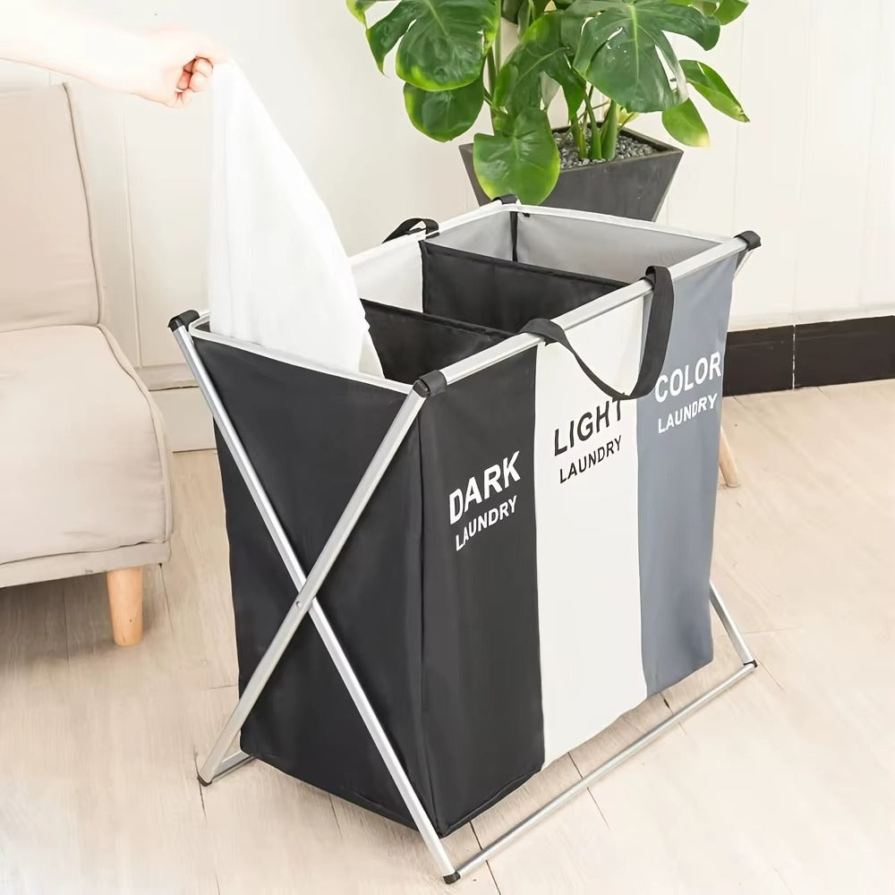 Cos Rufe Pliabil 3 Compartimente, Organizator Laundry Dark/Light/Color, Cadru Metalic Stabil, 95L