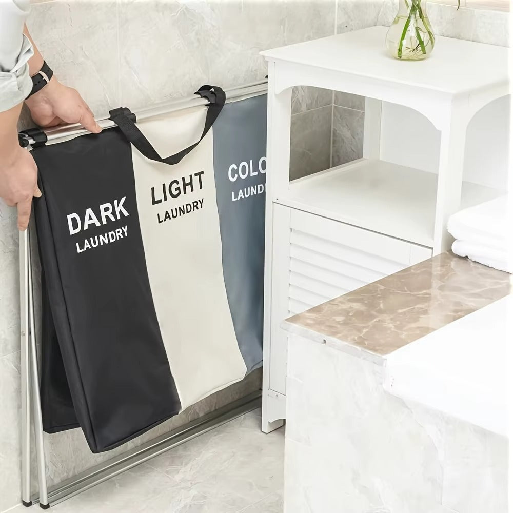 Cos Rufe Pliabil 3 Compartimente, Organizator Laundry Dark/Light/Color, Cadru Metalic Stabil, 95L